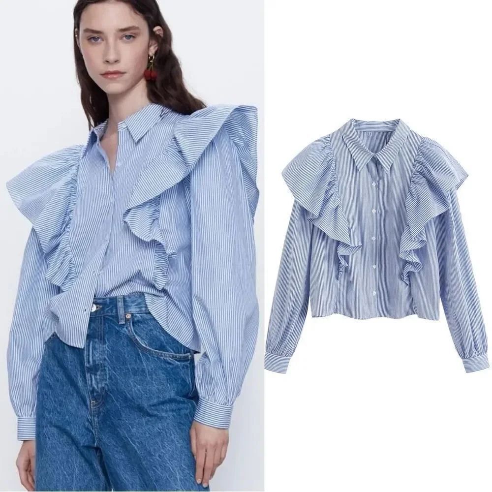 Zara Long Sleeve Stripe Blue White Shirt Ruffles Size XS